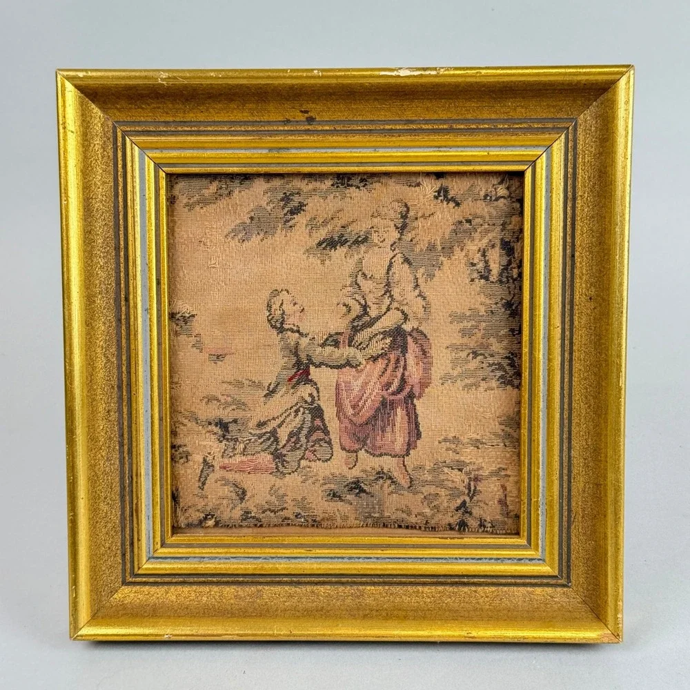 Vintage Framed Petit Point Needlepoint Romantic Couple Tapestry Wall Art 9
